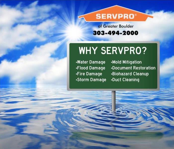 Street sign in standing water with a list of SERVPRO services.